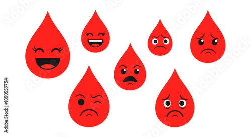 Red blood drops with different facial expressions depicting emotions like happiness, sadness, anger, and worry for medical or health concepts.