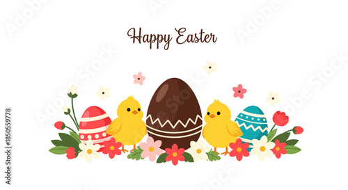 Happy Easter greeting banner featuring colorful decorated eggs, yellow chicks, and a large chocolate egg surrounded by spring flowers.