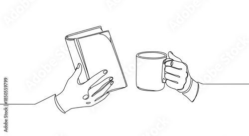 Line drawing of two hands holding a book and a coffee mug, comfortable setting isolated on transparent background, cozy atmosphere, relaxed reading, minimalistic artwork