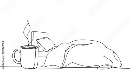 Line drawing of a cozy bedroom scene with a person sleeping under blankets next to a steaming cup of coffee on a bedside table, isolated on a transparent background.