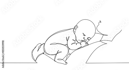 Line drawing of a sleeping baby on a pillow, in a cozy indoor setting, simple lines, minimalistic style, clear outlines, soft lighting, on a transparent background