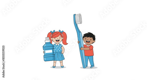 Young boy and girl happily holding a giant blue toothbrush and a bottle of mouthwash for their dental care routine.