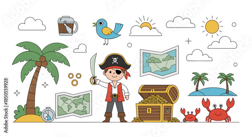 Collection of pirate-themed illustrations including a pirate character, treasure chests, maps, palm trees, and crabs on islands.
