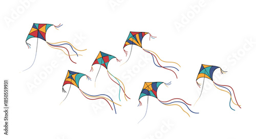 Group of several colorful diamond-shaped kites with long flowing tails flying together in the air against a plain white background.