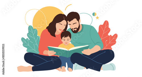 Parents sitting on the floor together while reading a large green book to their young child in a warm and loving atmosphere.