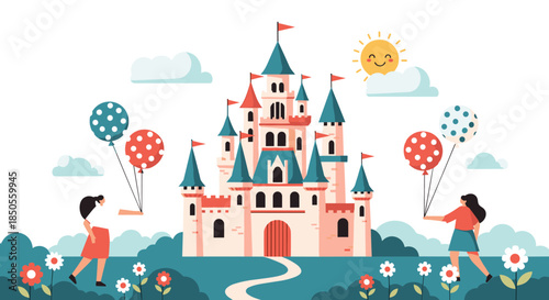 Fairy tale castle with pink walls and blue towers surrounded by girls holding balloons and spring flowers in a garden.