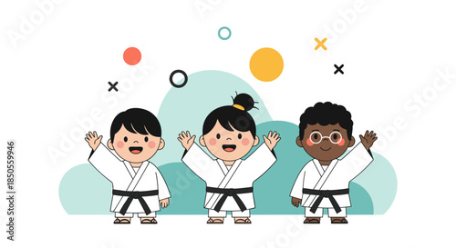 Group of three diverse children wearing white karate uniforms and black belts wave happily against a decorative abstract background.