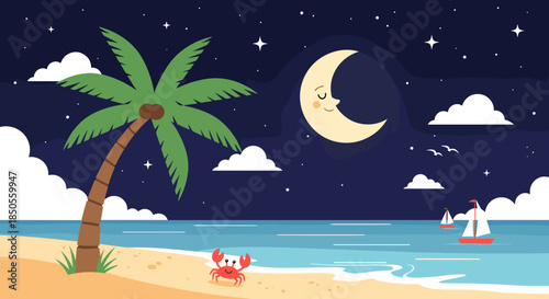 Peaceful beach scene at night with a smiling crescent moon, stars, a palm tree, a crab, and sailboats on the ocean.