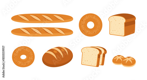Assorted types of freshly baked bread including baguettes, bagels, sliced loaves, and rolls are presented in a flat vector illustration.