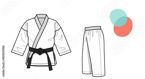 Traditional white karate gi uniform consisting of a jacket with a black belt and matching pants is displayed as a clean graphic.