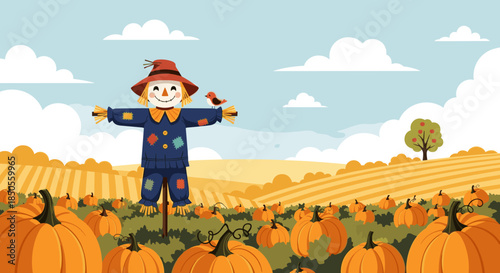 Friendly scarecrow stands in the middle of a large pumpkin patch during the autumn season with rolling hills and farm fields behind it.