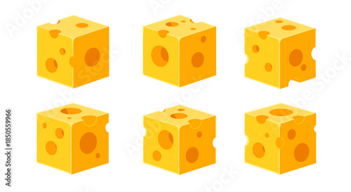 Collection of six yellow Swiss cheese cubes with various hole patterns is shown from different angles in a clean vector style.