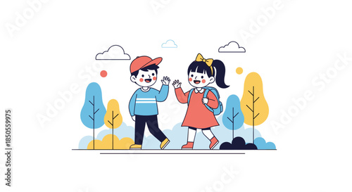 Young schoolboy and schoolgirl carrying backpacks wave to each other while walking through a colorful park with stylized trees.
