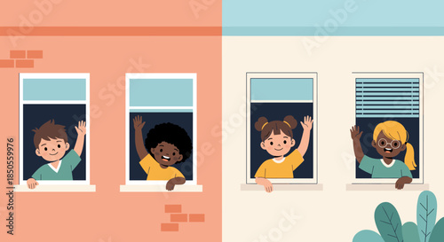 Diverse group of four children waves happily from the windows of two neighboring apartment buildings in a cheerful neighborhood scene.