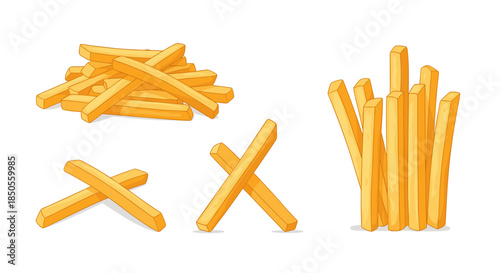 Various arrangements of crispy golden french fries including a large pile and crossed individual pieces are shown in a flat vector style.