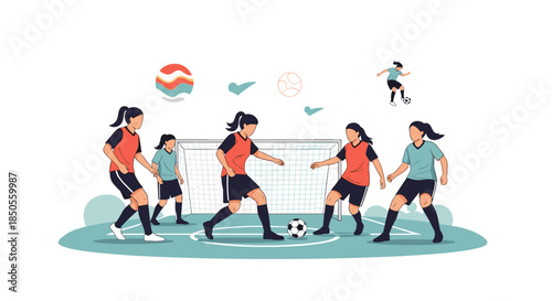 Group of female athletes competes in a soccer match on a green field with a goal net and abstract sport elements in the background.