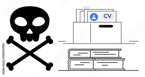 Data breach concept. Data breach risks highlighted via a skull, personal files, and documents. Data breach threats, personal file compromise, and information security risks. Great for cybersecurity
