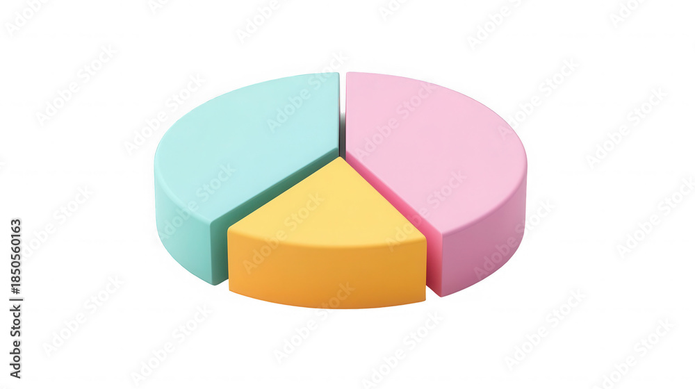 Obraz premium A colorful pie chart with three sections in light blue yellow and pink on a black background on transparent background