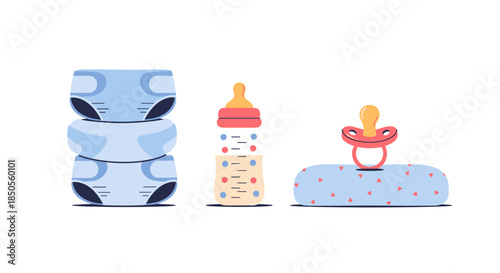 Collection of baby essentials includes a stack of blue diapers, a feeding bottle with milk, and a pacifier on a small pillow.