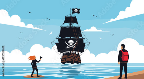 Man and a woman stand on a shore and take a photograph of a large pirate ship with black sails and a skull symbol on the ocean.