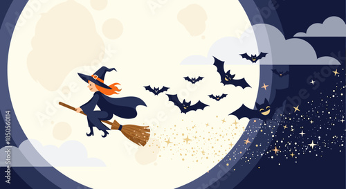 Young witch flying on her magic broom across a large full moon surrounded by bats and sparkling stars at night.