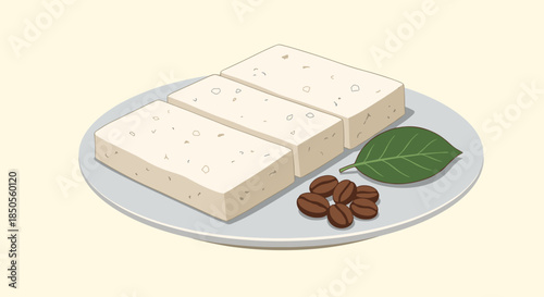Three fresh rectangular slices of white tofu served on a plate with coffee beans and a green leaf decoration.