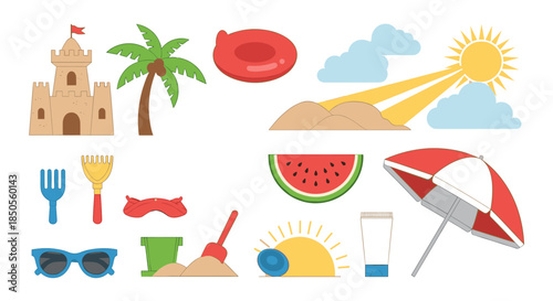 Large set of colorful summer beach vacation objects including swimming rings, beach umbrellas, sand toys, and palm trees.