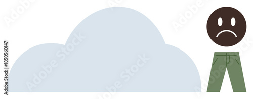 Sad face with a cloud conveys sadness, mental health struggles, and introspection. Ideal for emotions, anxiety, stress, depression, self-reflection negativity vulnerability. Simple flat metaphor