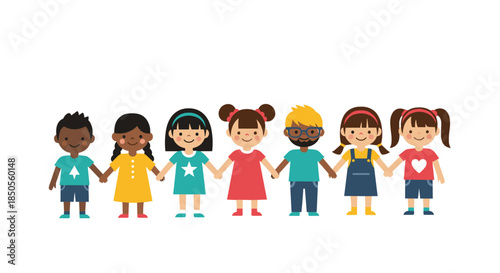 Diverse group of multi-ethnic children standing in a row and holding hands together against a plain white background.