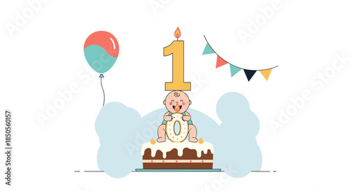 Happy baby sitting behind a delicious chocolate birthday cake with a large number one candle and festive decorations.