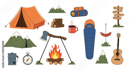 Comprehensive collection of camping equipment icons including tents, campfire, sleeping bag, compass, and forest tools.