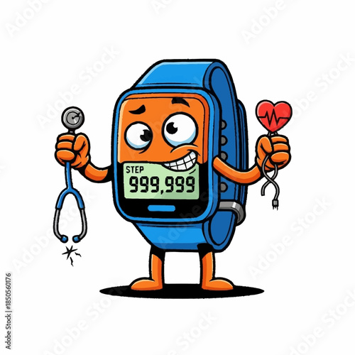 Smiling smartwatch character holding stethoscope and heart rate monitor