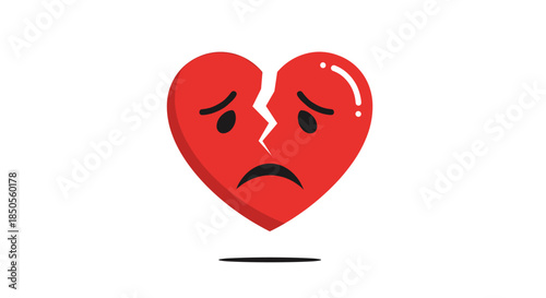 Sad red heart character broken in two with tears in its eyes and a melancholy expression against a white background.