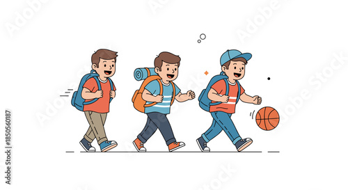 Three young boys wearing backpacks walking in a row with one boy dribbling a basketball against a white background.