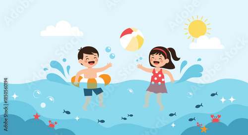 Happy boy and girl splashing in the refreshing blue ocean waves with a beach ball and swimming tube on a sunny day.