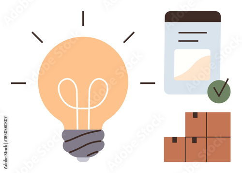Light bulb with radiating lines, completed document marked with a check, and stacked boxes highlighting innovation, approval, delivery, logistics, productivity, business planning, simple flat