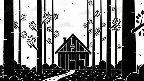 Rustic wooden cabin nestled amongst tall trees in a forest setting.