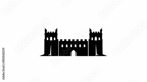 Silhouette of a Medieval Castle Gatehouse with Towers and Battlements.