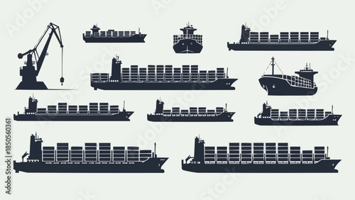 Collection of Cargo Ships and Crane Silhouettes for Logistics and Shipping.