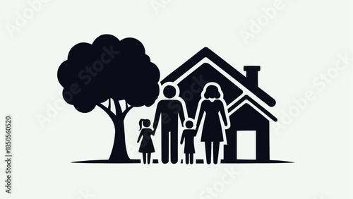Family standing in front of their home with a tree.