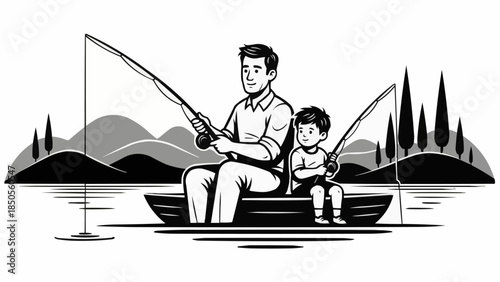 Father and son fishing together in a boat on a calm lake.