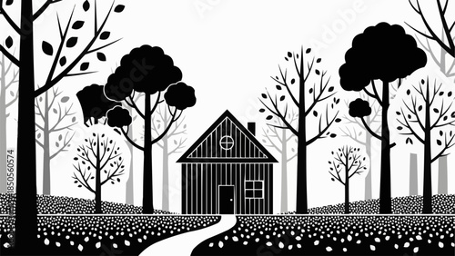 A charming rustic house nestled amongst silhouetted trees and a field of flowers.