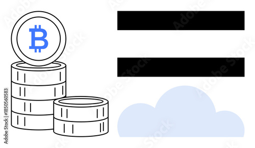 Bitcoin coins stacked beside equal sign and cloud element. Ideal for cryptocurrency, blockchain, digital payment, decentralization, fintech, virtual savings, economic equality. Simple flat metaphor