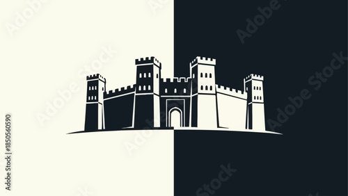 A stylized illustration of a medieval castle with towers and battlements.