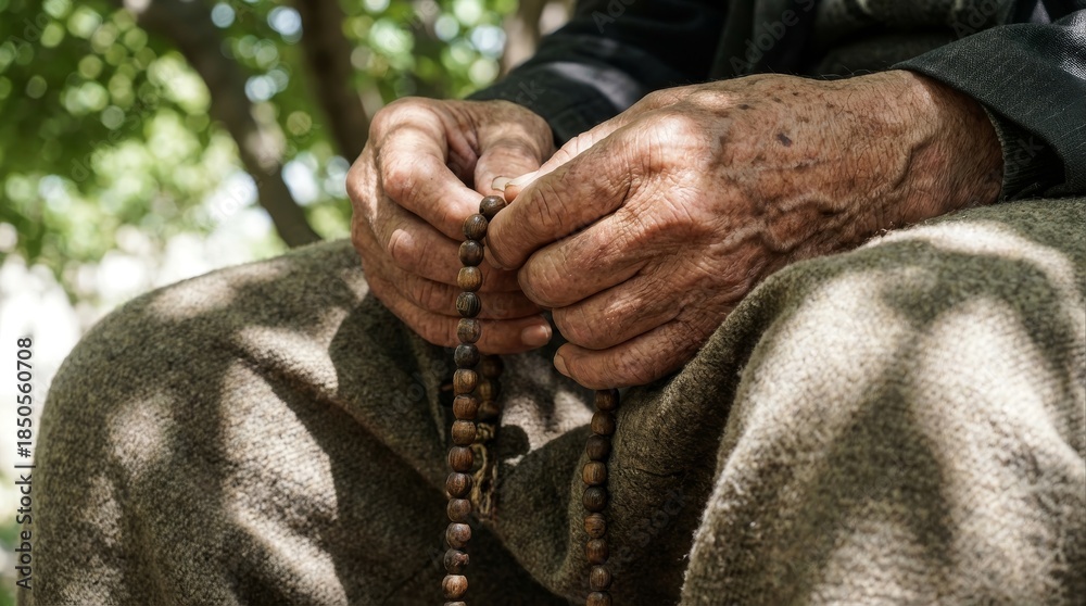 Fototapeta premium Wise Muslim Elderly Hands Holding Wooden Tasbih in Dappled Sunlight