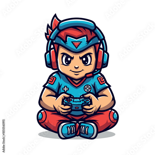 A cartoon boy enthusiastically plays video games sitting cross-legged wearing a headset and holding a controller 