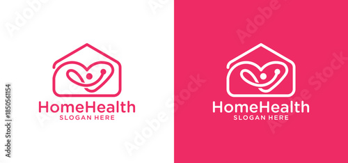 Vector home health logo design symbolizes care with a heart and stethoscope. Suitable for health brochures, websites, and social media posts.