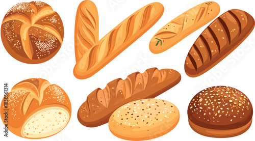 Detailed Vector Illustration Set of Fresh Bakery Products Including Baguettes Artisan Loaves and Seeded Buns