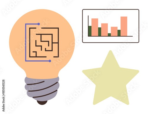 Lightbulb with maze inside, bar chart showing data comparison, and star symbolizing excellence. Ideal for innovation, problem-solving, analytics, success, strategy creativity and achievement. A