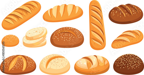 Detailed Vector Illustration Set of Fresh Bakery Products Including Artisan Loaves Baguettes Sesame Buns and Pretzels